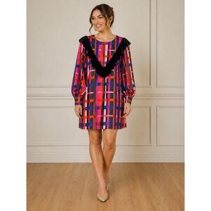 Crosby Mollie Burch Plaid Velvet Ruffle Mini Dress Balloon Sleeve L